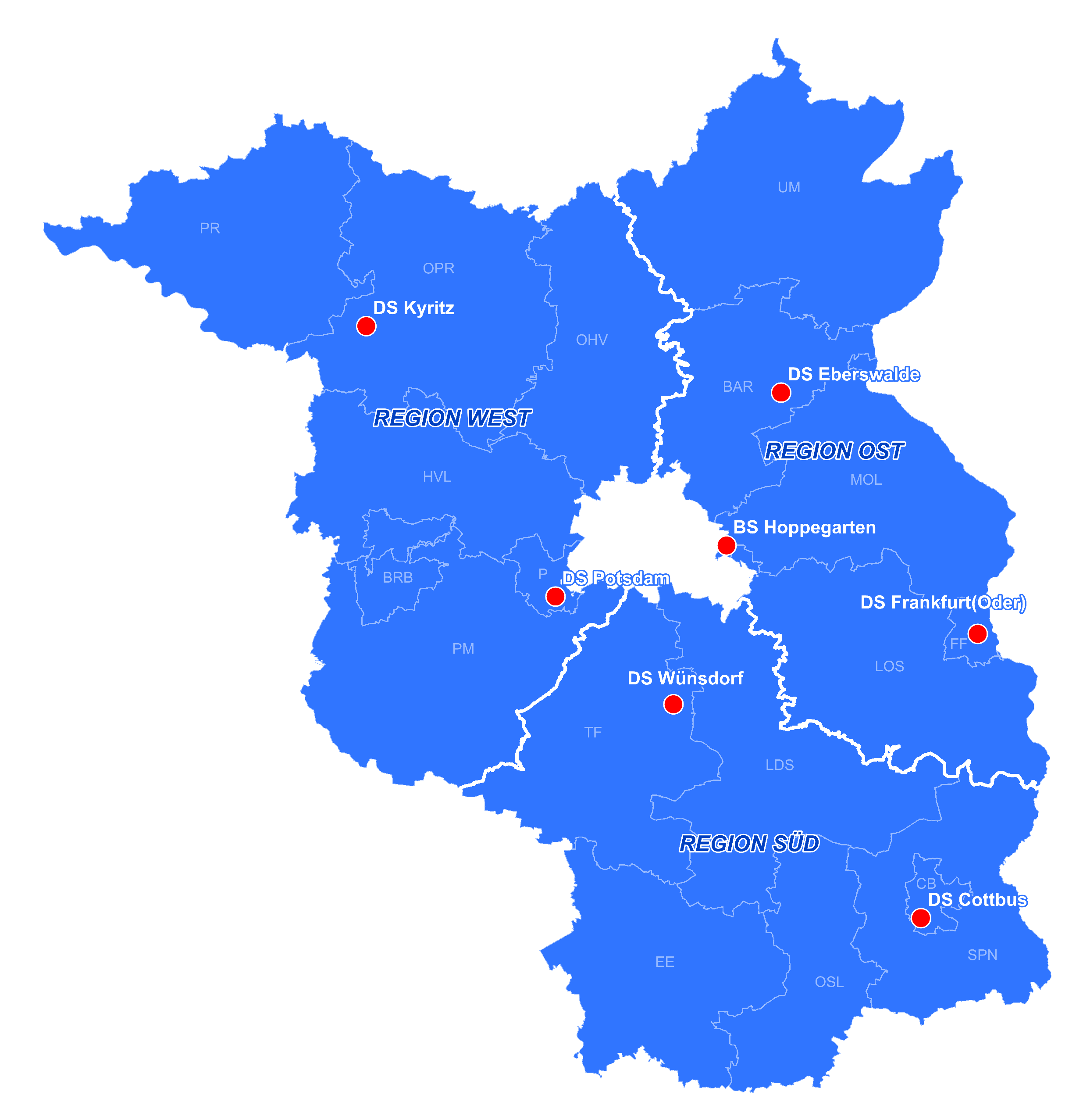 Landkarte Brandenburg mit der Unterteilung in die Regionen Ost, Süd und West