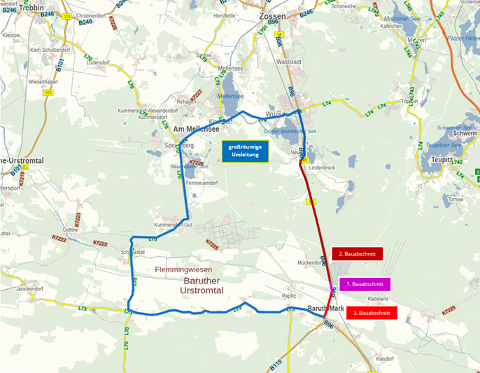 Katenausschnitt der B96 mit Umleitungsstrecke und Bauabschnitten