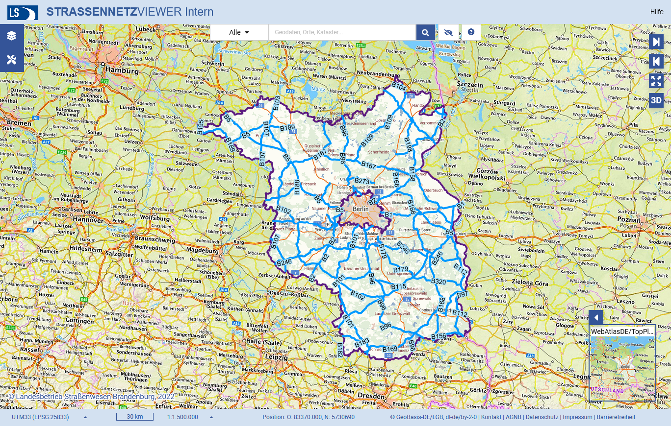Straßennetzviewer – die Bedienoberfläche des Straßennetzviewers Brandenburg