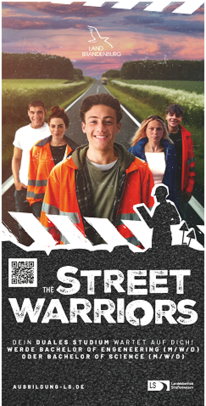4 junge Menschen auf einer Straße. Im Vordergrund der Schriftzug in großen Buchstaben The Street Warriors