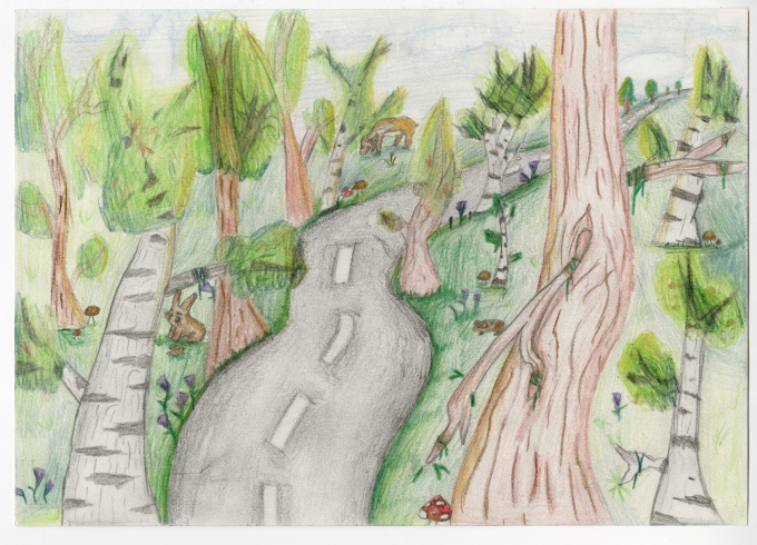 Ein gezeichnetes Bild, eine Allee führt geschungen nach ben rechts durch einen Wald, links daneben ein Radweg, geradeaus in den Wald
