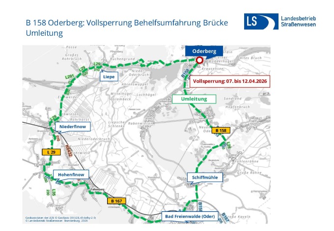 Umleitung während Vollsperrung der Behelfsumfahrung Brücke B 158 Oderberg 