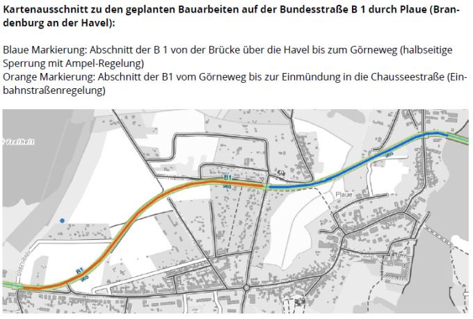 Kartenausschnitt zu den geplanten Bauarbeiten auf der Bundesstraße B 1 durch Plaue (Brandenburg an der Havel)