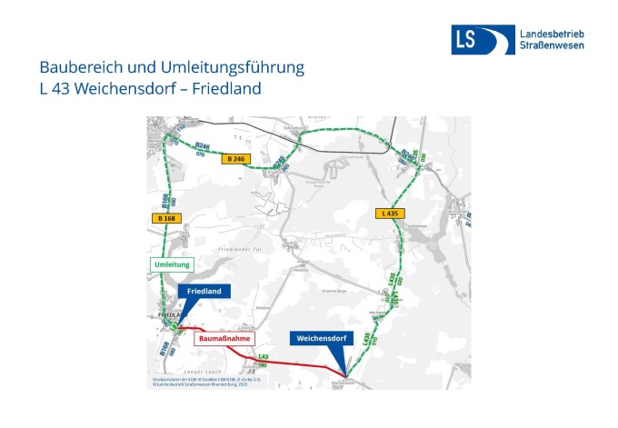 L 43 Weichensdorf - Friedland Übersichtskarte Baubereich und Umleitungführung